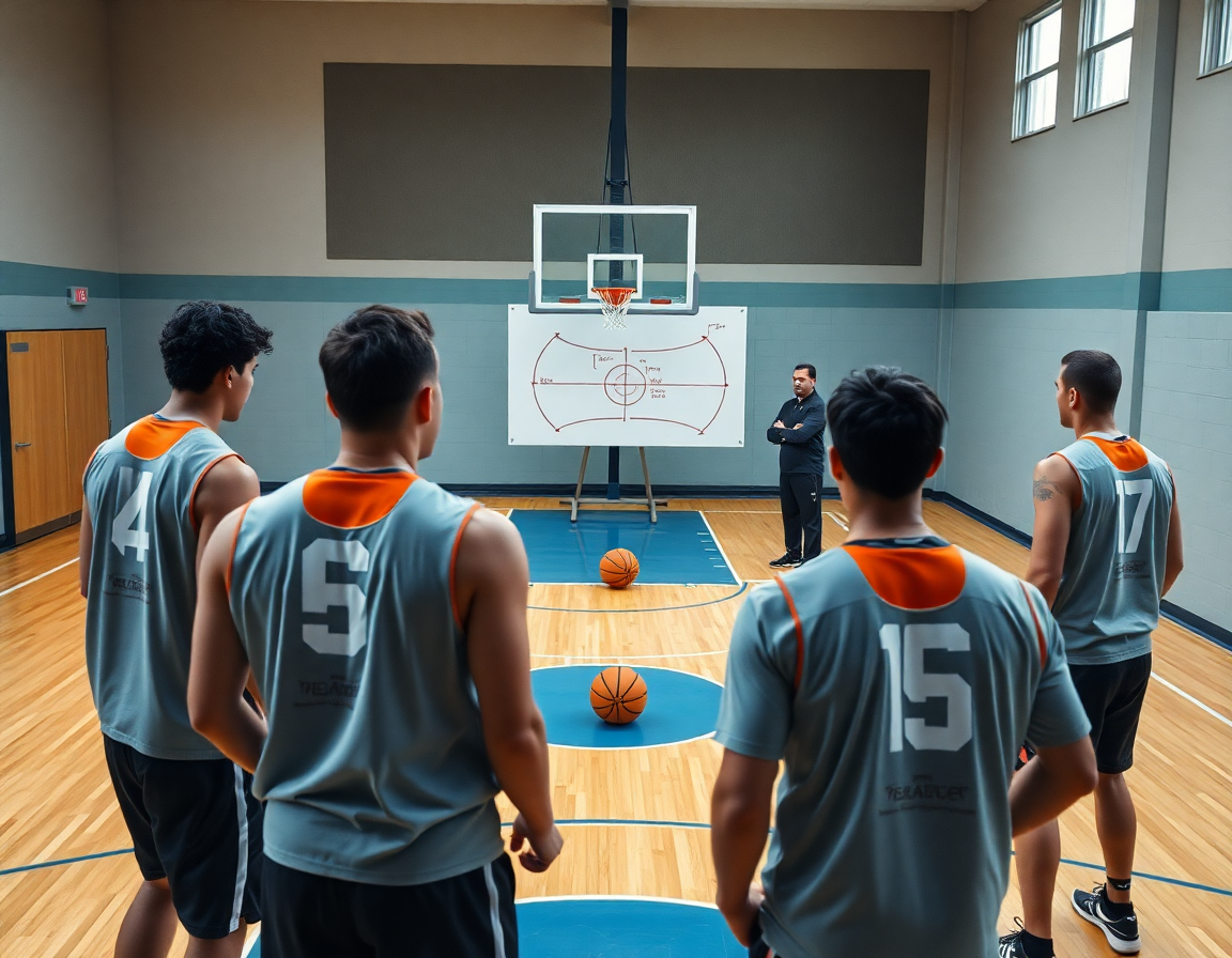 Trener pokazuje defanzivnu rotaciju na tabli, igrači kruže oko orange basketball, skola kosarke za decu zemun.