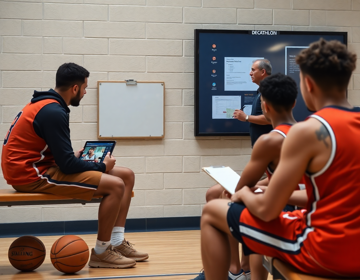 Scouting moment: igrači gledaju video o protivniku na zidu pored tabla za kosarku decathlon uz beleške.