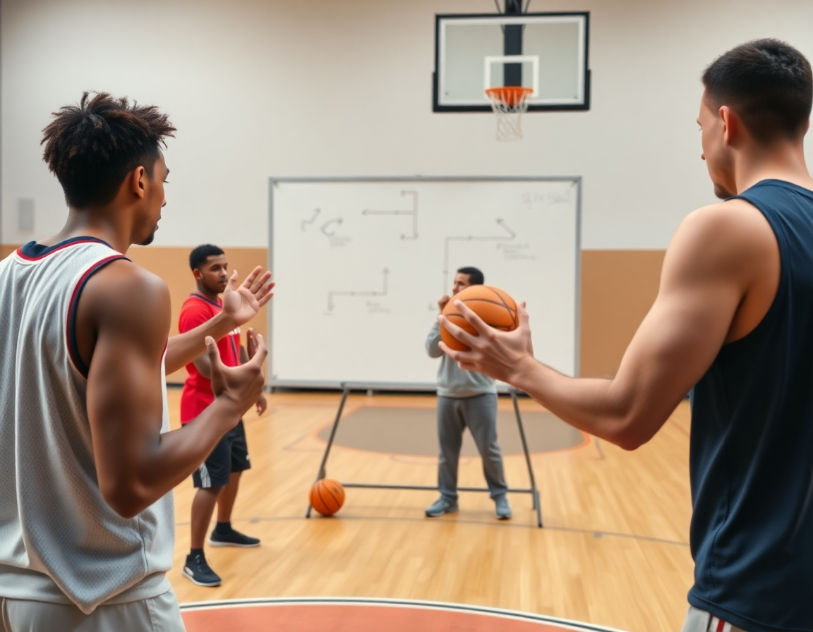 Blizak kadar prikazuje dve osobe u dvorani za košarku kako izvode pas i pokret uz tabla za kosarku.