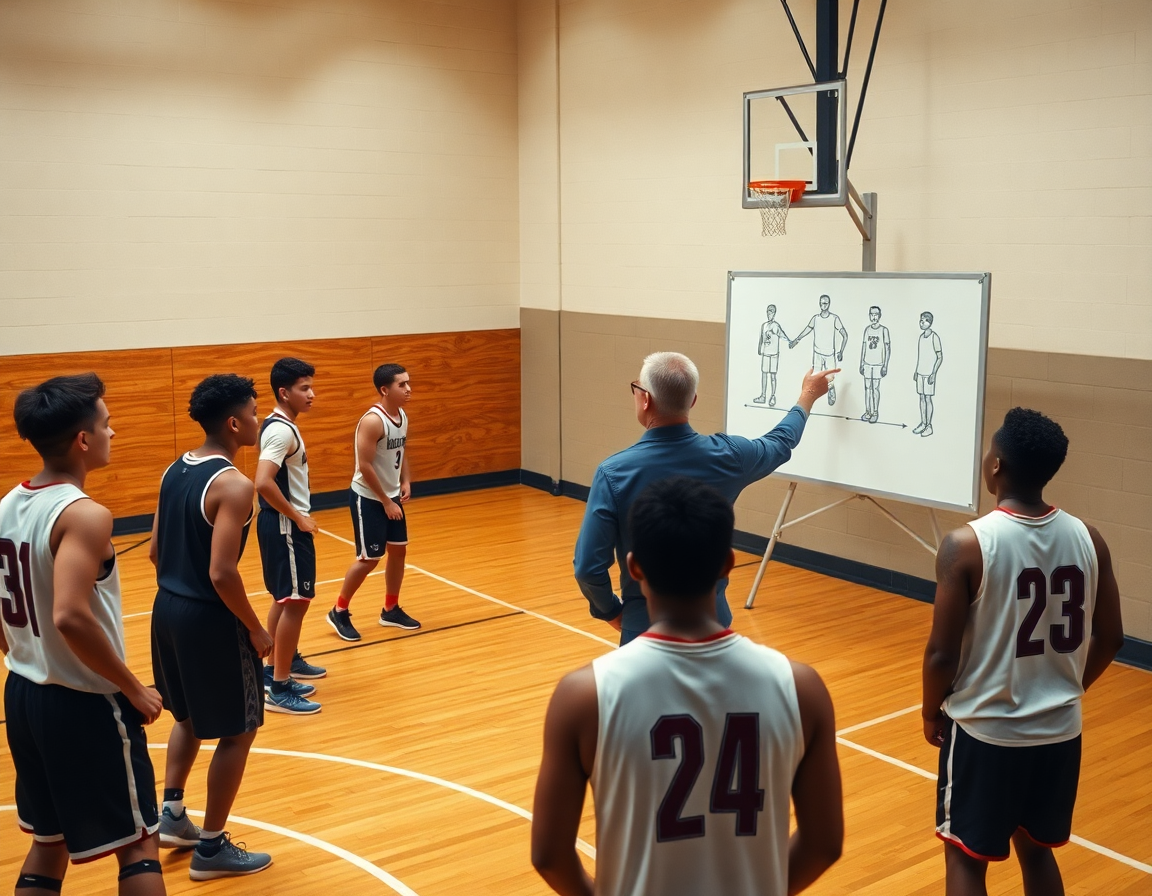 U daljem planu, trener pokazuje nedeljni raspored na tabla za kosarku dok igrači razmišljaju.