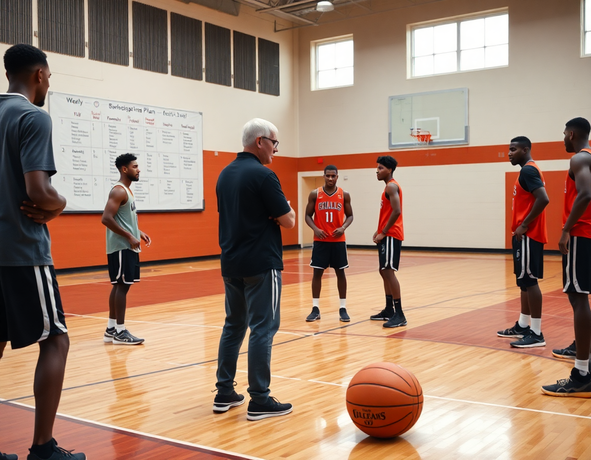 Na kraju treninga, tim pregledava plan na tabla za kosarku uz rasvetu terena i smeh.