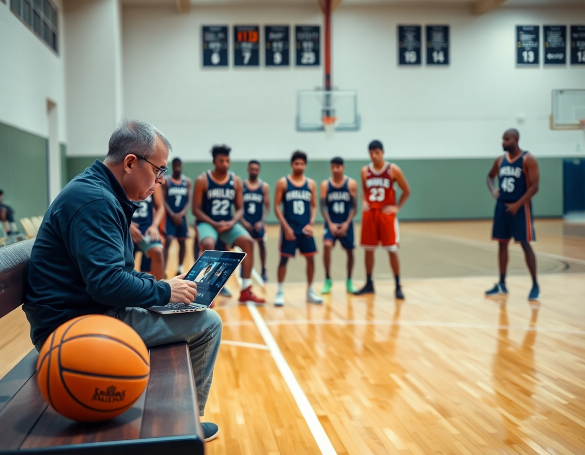 Trener bih kosarka pregleda basketball video isečke na laptopu dok igrači gledaju.