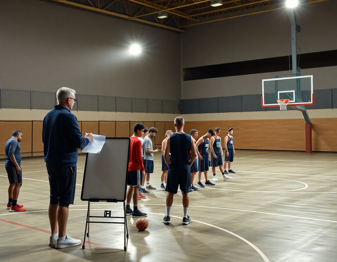 Trener kosarke stoji pored prijenosne bele table i pravi plan nedeljnog treninga, dok igrači vežbaju brzo dodavanje.