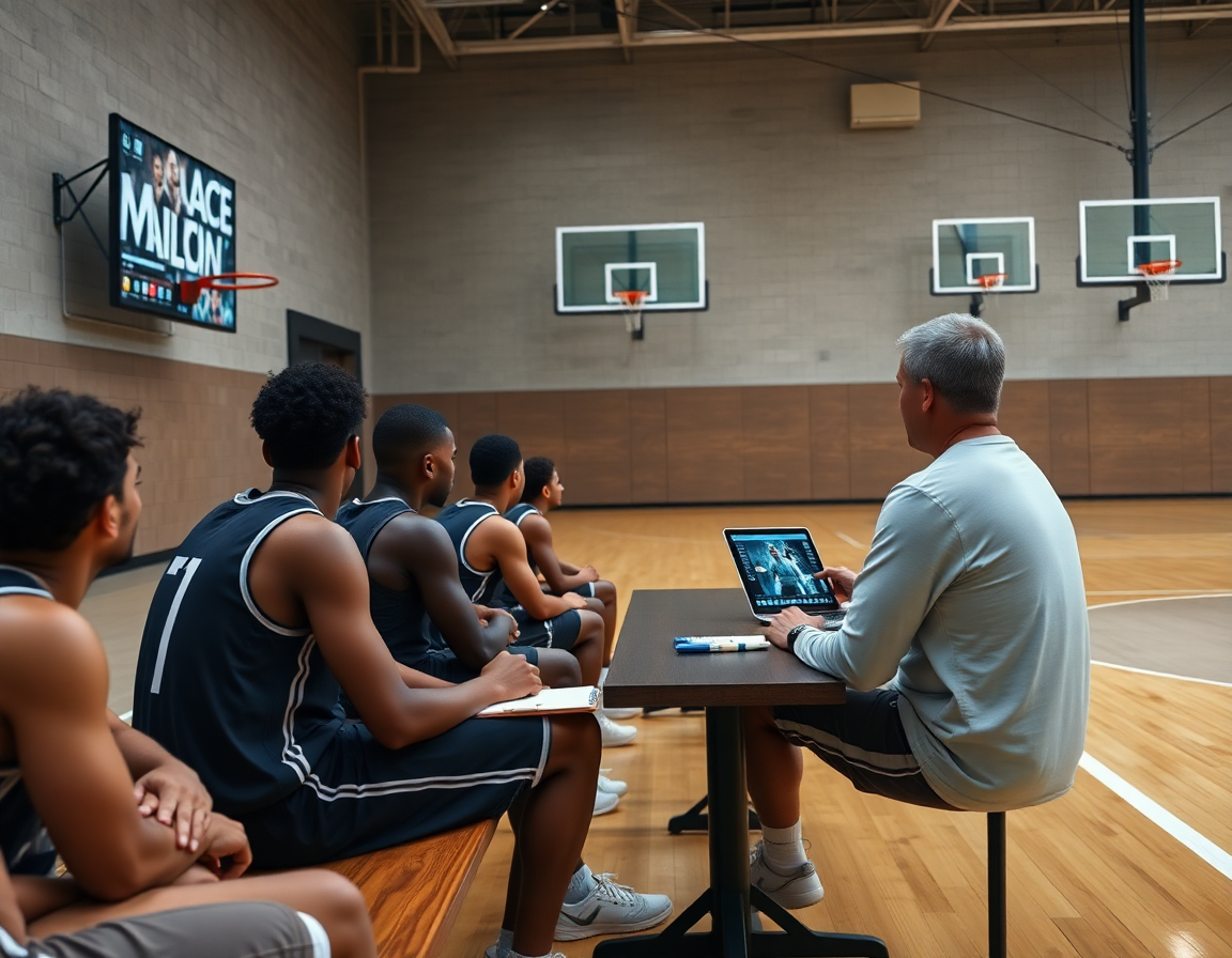 Igrači sede na klupi dok trener kosarke pušta video zapise na laptopu pored zida.