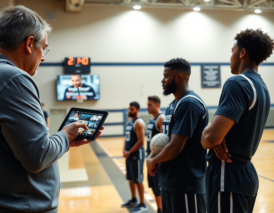 Trener kosarke organizuje playliste videa za tim dok igrači gledaju na tabletu.