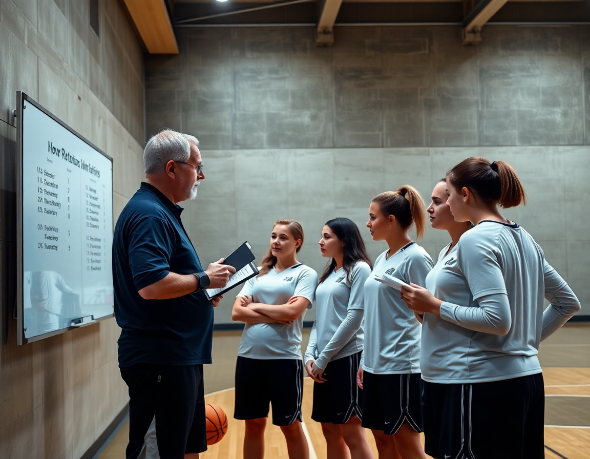 Planiranje nedelje za zenska kosarka: trener objašnjava rotacije igračicama pored bele table.