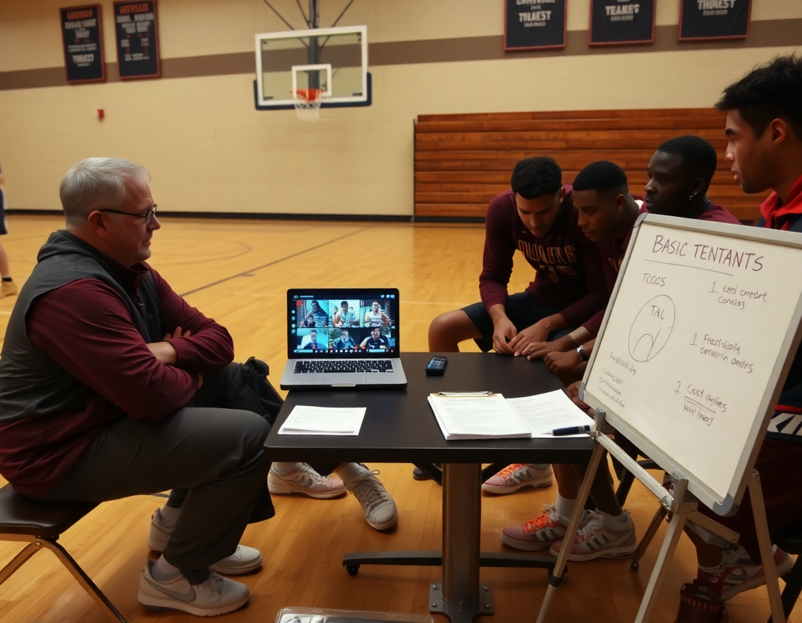 Trener i igračice proučavaju klip rivala na laptopu u kontekstu zenska kosarka dok raspravljaju o protivničkim navikama.