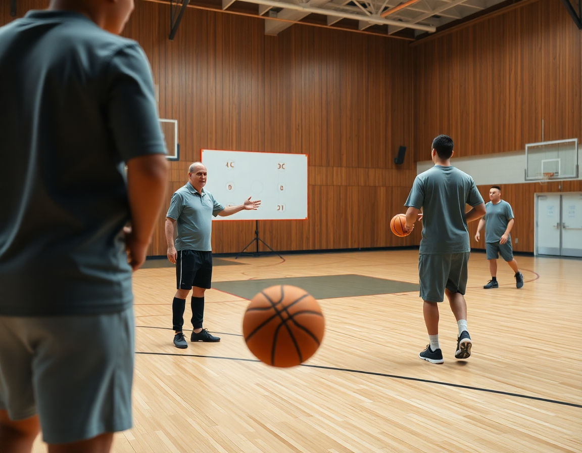 Zenska kosarka srbija albanija, trener sa tablom objasnjava poteze dok igraci vežbaju basketball na parketu.